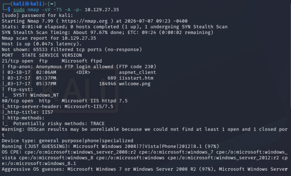 Escaneo inicial de puertos de Nmap